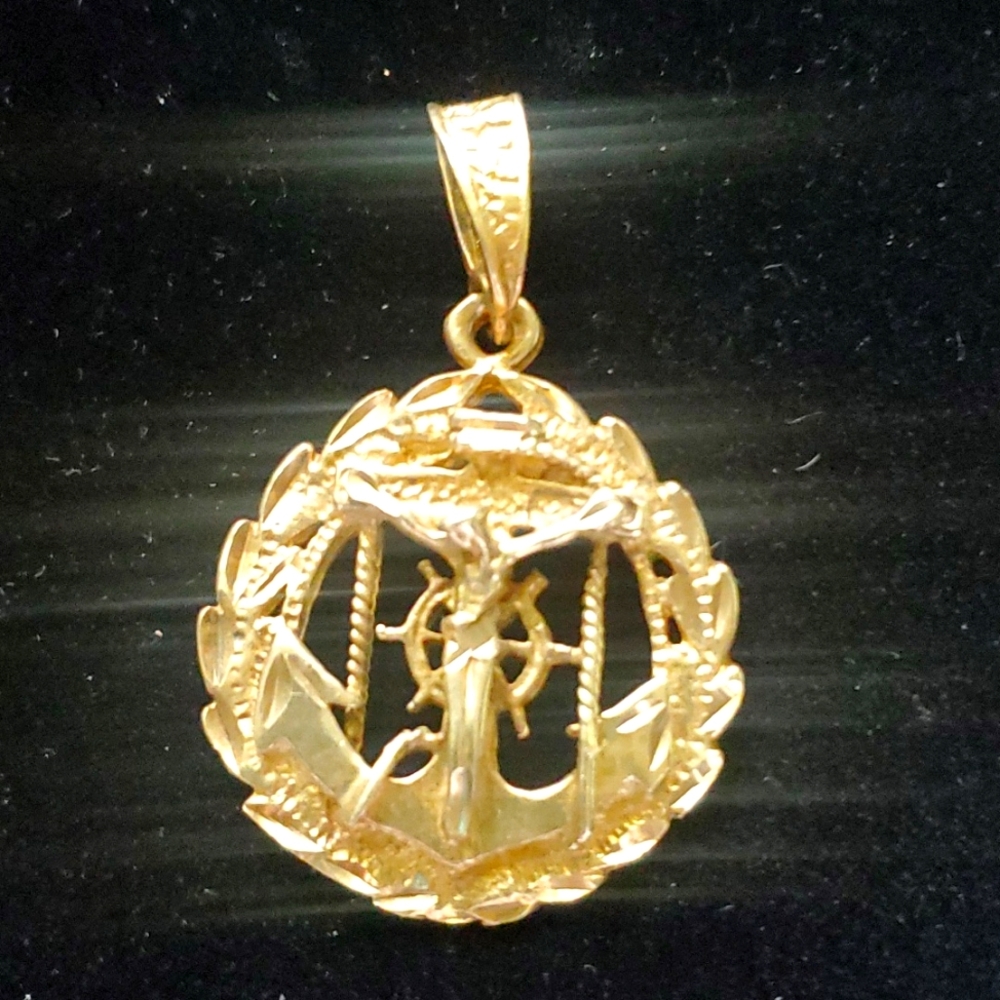 Diamond-Cut Leaf Frame Jesus Christ Crucifix Mariner Anchor pendant 14k gold.